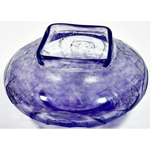 152 - A French Art Deco Degue glass vase of squat bulbous form, with squared rim above acid etched and inc... 