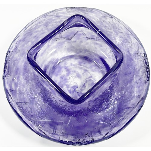 152 - A French Art Deco Degue glass vase of squat bulbous form, with squared rim above acid etched and inc... 