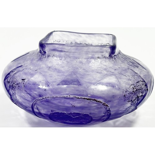 152 - A French Art Deco Degue glass vase of squat bulbous form, with squared rim above acid etched and inc... 