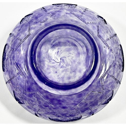 152 - A French Art Deco Degue glass vase of squat bulbous form, with squared rim above acid etched and inc... 