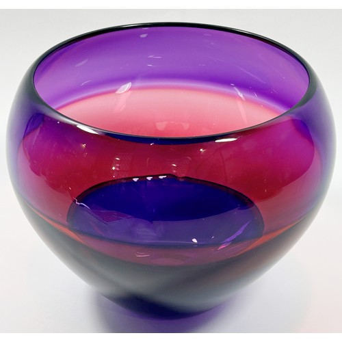 155 - Mike Hunter, a large banded contemporary Scottish studio glass vase, banded in cranberry and amethys... 