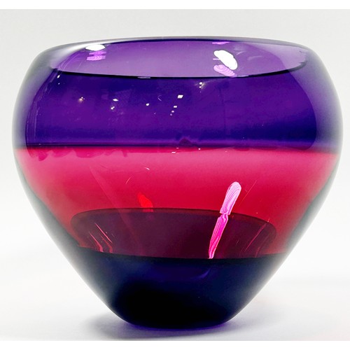 155 - Mike Hunter, a large banded contemporary Scottish studio glass vase, banded in cranberry and amethys... 