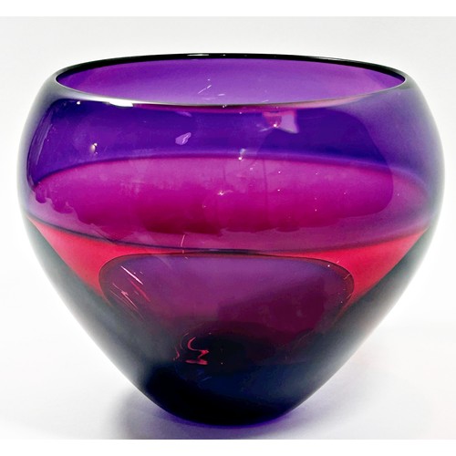 155 - Mike Hunter, a large banded contemporary Scottish studio glass vase, banded in cranberry and amethys... 