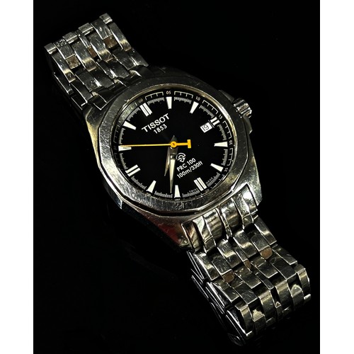 411 - Tissot: A gentleman’s PRC 100 (100m / 330ft) wristwatch, with round black dial, luminous baton marke... 