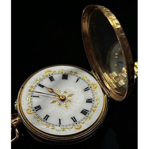 414 - An Edwardian 9ct yellow gold cased Swiss fob watch, the enamel dial with Roman numerals with gilt bo... 