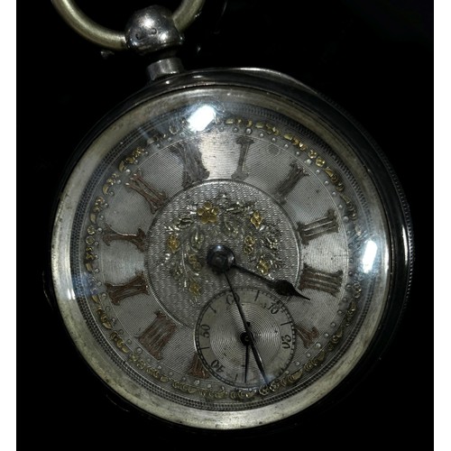 415 - A silver cased fob / pocket watch with applied yellow metal Roman numerals and subsidiary dial, watc... 