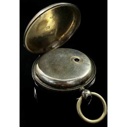 415 - A silver cased fob / pocket watch with applied yellow metal Roman numerals and subsidiary dial, watc... 