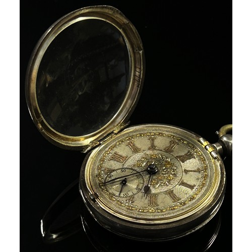 415 - A silver cased fob / pocket watch with applied yellow metal Roman numerals and subsidiary dial, watc... 