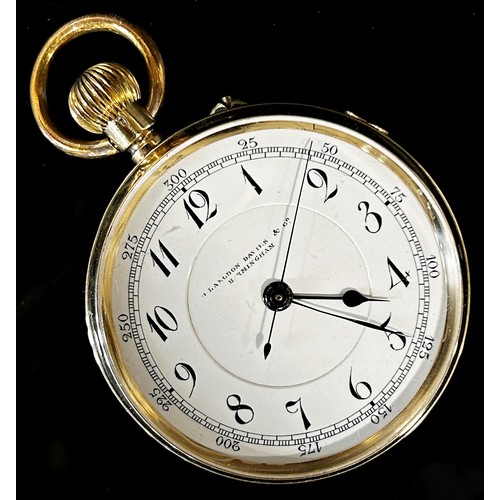 418 - An 18ct yellow gold cased fob / pocket watch, the stepped enamel dial with black Arabic numerals, mo... 