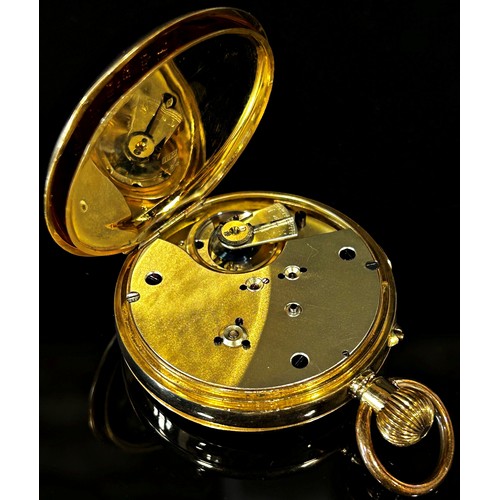 418 - An 18ct yellow gold cased fob / pocket watch, the stepped enamel dial with black Arabic numerals, mo... 