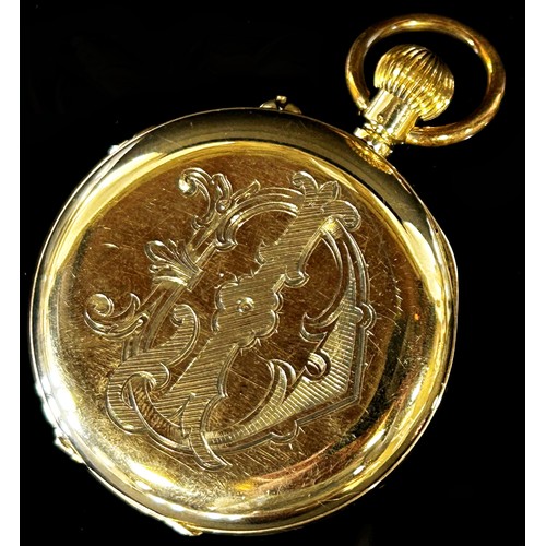 418 - An 18ct yellow gold cased fob / pocket watch, the stepped enamel dial with black Arabic numerals, mo... 