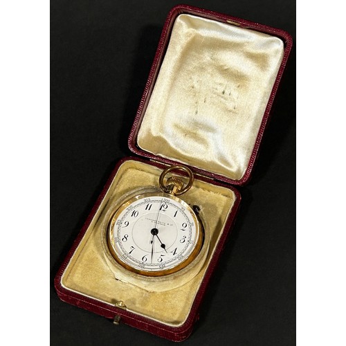 418 - An 18ct yellow gold cased fob / pocket watch, the stepped enamel dial with black Arabic numerals, mo... 