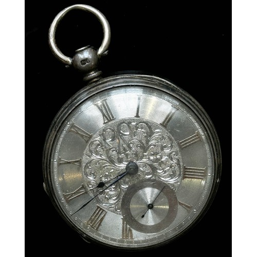 419 - A 19th century silver cased fob / pocket watch, with silver chapter ring populated with yellow metal... 