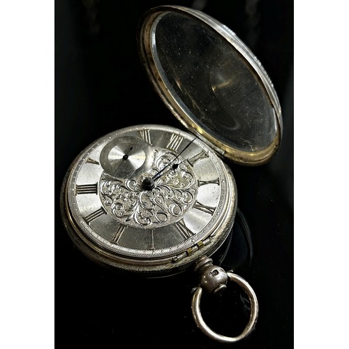 419 - A 19th century silver cased fob / pocket watch, with silver chapter ring populated with yellow metal... 