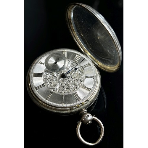 419 - A 19th century silver cased fob / pocket watch, with silver chapter ring populated with yellow metal... 