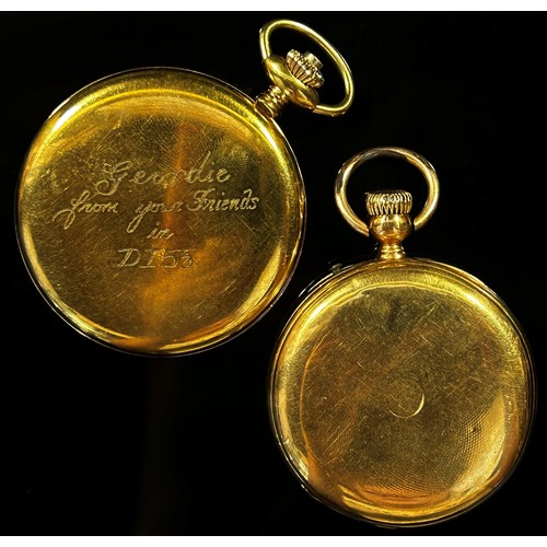 421 - Two yellow gold fob watches and another to include a French 18ct yellow gold cased example, marked K... 