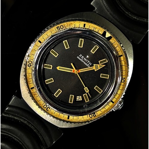 Zenith: A gentleman’s scarce 1970’s automatic diver’s wristwatch, with luminous borders baton spacers and hands, date aperture at 4 o’clock position, with luminous yellow chapter ring, 42mm case, on original flexi strap.