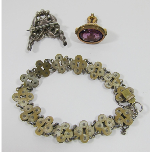 343 - Group of 19th century jewellery to include a cut steel bracelet, a gilt seal fob set with amethyst c... 