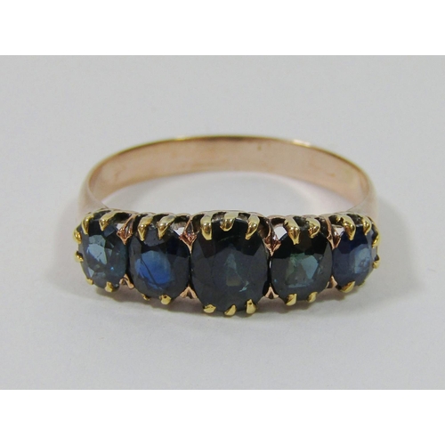 345 - Antique yellow metal graduated five stone sapphire ring, size N, 2.7g