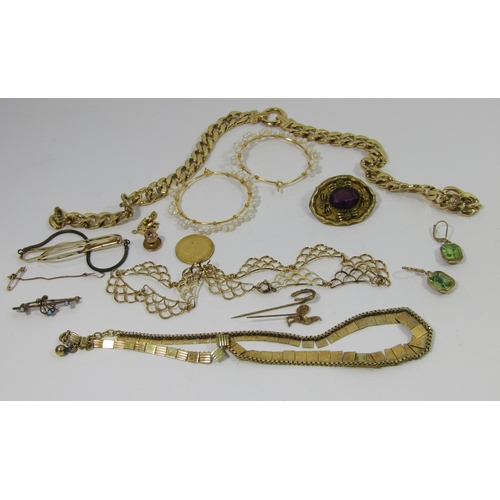 353 - Mixed group of gilt metal and costume jewellery, plus a George IV 1826 shilling