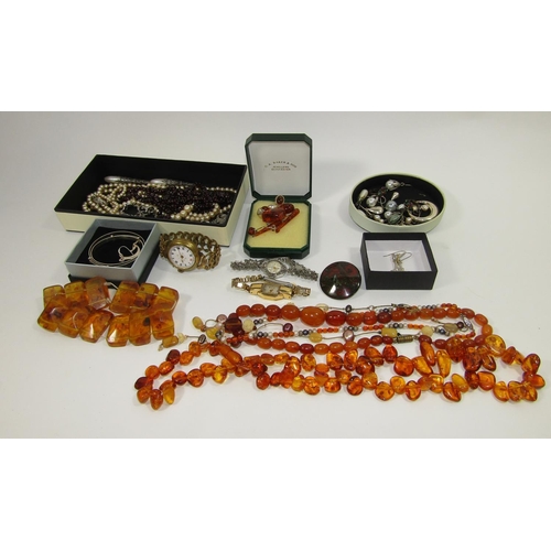 354 - Collection of costume jewellery to include several amber pieces, three vintage watches, two silver c... 