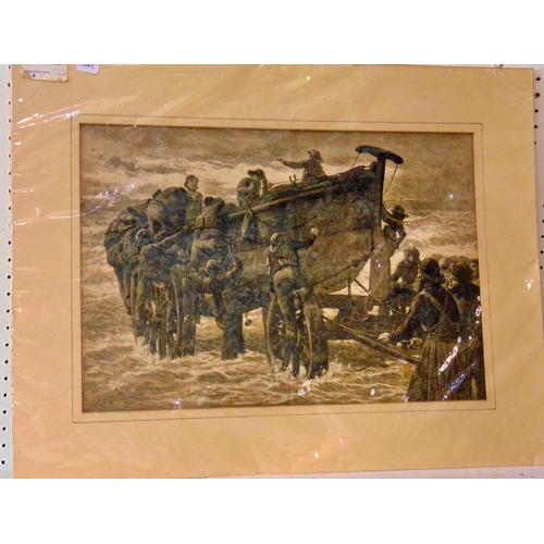 1941 - After John Dawson Watson (1832 - 1892) - 'Launching the Life Boat', print, dated 1872, 32 x 49 cm, m... 