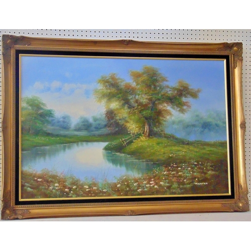 1951 - Marten (20th Century) A Serene country scene with a tree and pond, signed lower right, oil on canvas... 