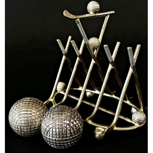 180 - A Silver plated toast rack by William Page & Co Birmingham, with crossed golf clubs, together with g... 