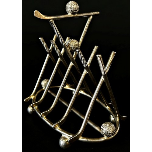 180 - A Silver plated toast rack by William Page & Co Birmingham, with crossed golf clubs, together with g... 