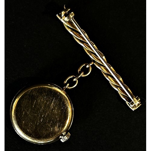 416 - Omega: A 9ct yellow gold cased nurse’s fob watch, with raised gold Arabic numerals on a champagne di... 