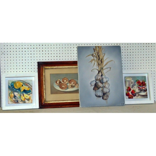 1974 - Four paintings to include: Watercolour study of a plate of mushrooms, indistinctly signed 'J. M. Pic... 