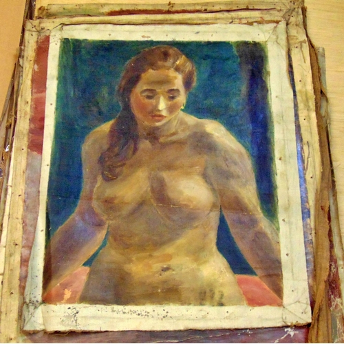 1988 - A folio of eleven early 20th century female nude studies from life, all oil on canvas (loose canvas ... 