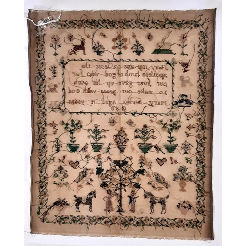 918 - 19th century needlework sampler by Mary Burage age 12, depicting various animals, birds, Adam and Ev... 