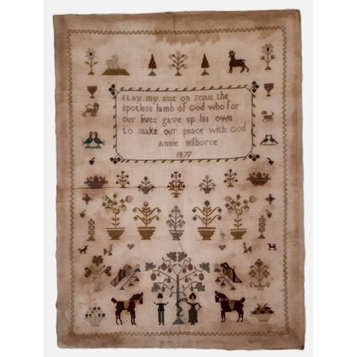 919 - 19th century needlework sampler by Annie Milbourne, depicting various animals, birds, Adam and Eve f... 