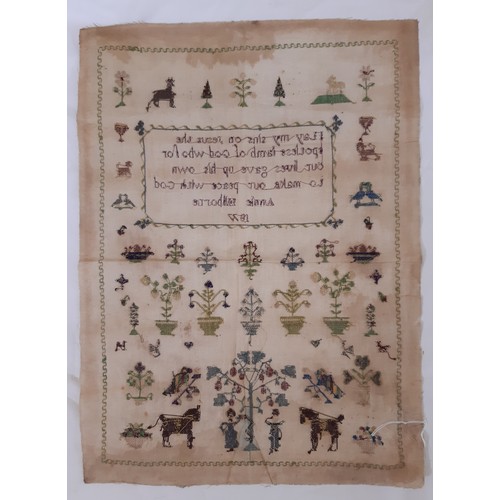 919 - 19th century needlework sampler by Annie Milbourne, depicting various animals, birds, Adam and Eve f... 