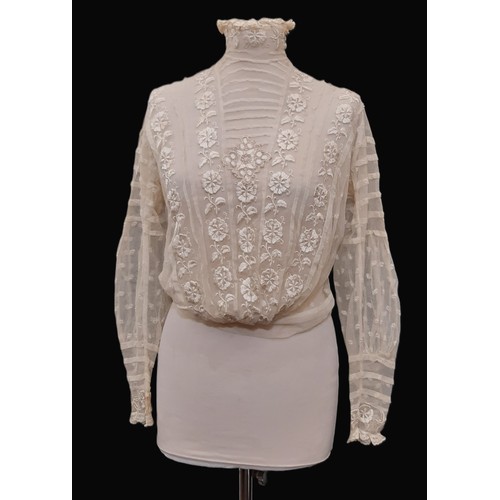 920 - Edwardian ladies' blouse of embroidered lace net with high collar trimmed with hand made lace, tight... 