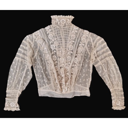 920 - Edwardian ladies' blouse of embroidered lace net with high collar trimmed with hand made lace, tight... 