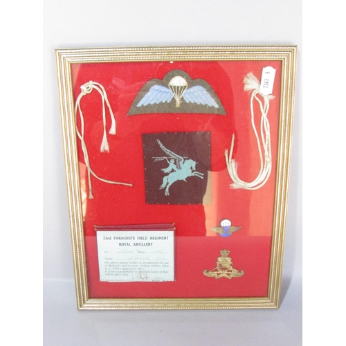 397 - A framed collection of 33rd Parachute Field Regiment Artillery cloth badges a gilded metal cap badge... 