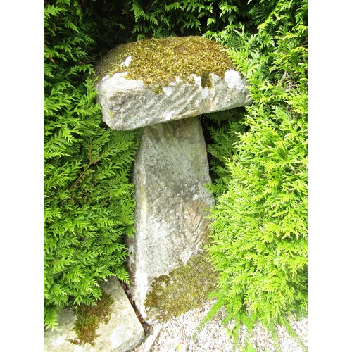 1002 - A tall associated pair of weathered natural staddle stones, each with tapered square caps, 100cm hig... 