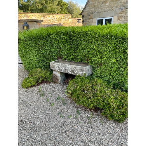 1003 - A weathered natural stone planter / trough of rectangular form, raised on a pair of associated stadd... 