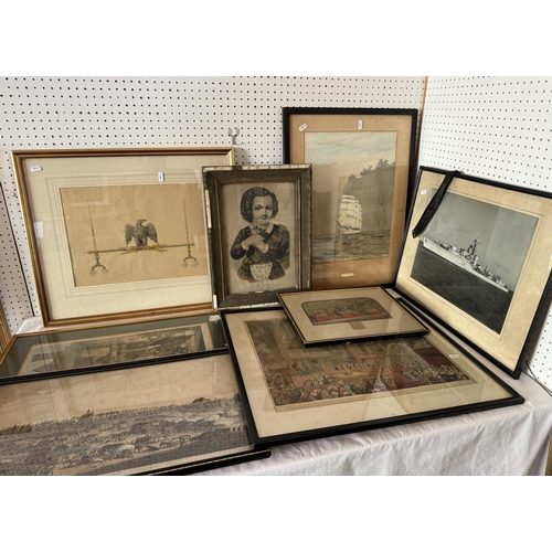 1980 - (Naval interest) Eight framed works, to include: A watercolour of 'The Beatrice' ship in full sail, ... 