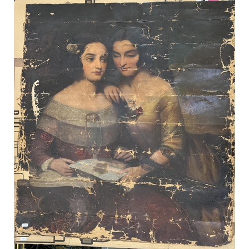 1990 - 19th Century Italian School - Portrait of two ladies holding a landscape painting, unsigned, stamped... 