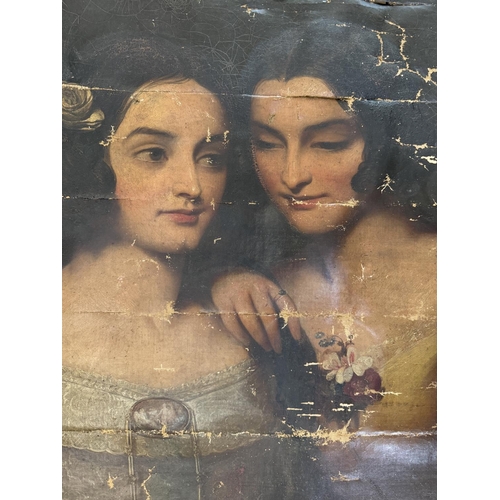 1990 - 19th Century Italian School - Portrait of two ladies holding a landscape painting, unsigned, stamped... 