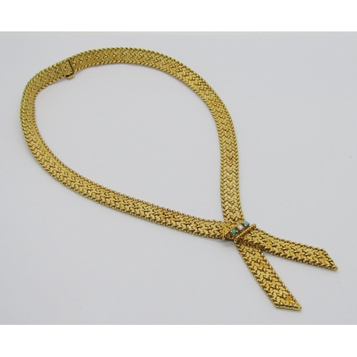 323 - Vintage 18ct fancy ribbon design necklace set with a single diamond, 0.10ct approx, flanked by two t... 