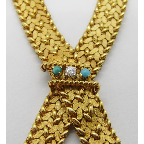 323 - Vintage 18ct fancy ribbon design necklace set with a single diamond, 0.10ct approx, flanked by two t... 