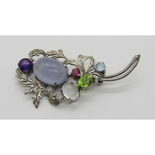 326 - Arts & Crafts silver vari-cut gem set brooch, stones including chalcedony, moonstone, amethyst, etc,... 