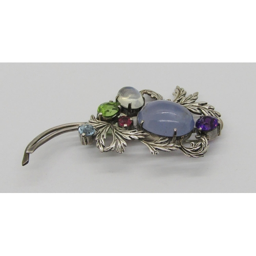 326 - Arts & Crafts silver vari-cut gem set brooch, stones including chalcedony, moonstone, amethyst, etc,... 