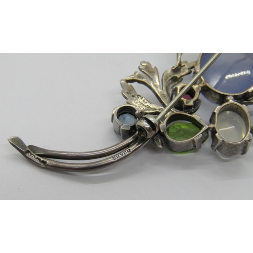 326 - Arts & Crafts silver vari-cut gem set brooch, stones including chalcedony, moonstone, amethyst, etc,... 