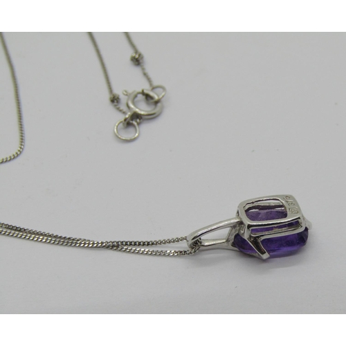 355 - 9ct white gold amethyst pendant and fine link chain necklace, together with a pair of yellow metal t... 