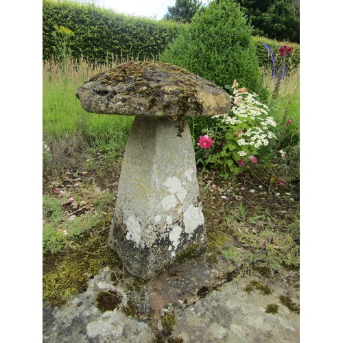 1014 - A  tall natural stone staddle stone and cap, 73cm high, 50cm diameter approximately (cap uneven with... 